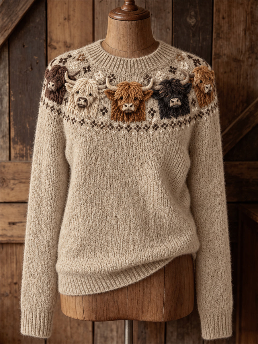 Women's Vintage Fuzzy Highland Cows Yoke Isle Print crew neck sweater
