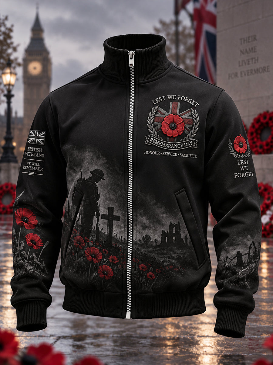Men's High-Neck Zip-Up Jacket With Remembrance Day Veteran-Themed Print