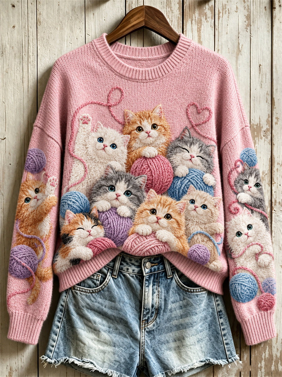 Women's Crowded Fuzzy Cats & Balls of Yarn Print crew neck sweater