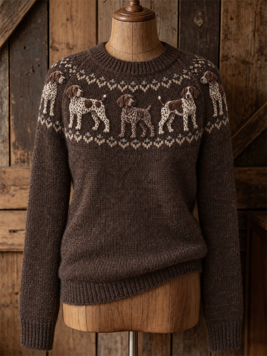 Women's Vintage German Shorthaired Pointer Dogs Yoke Isle Print crew neck sweater