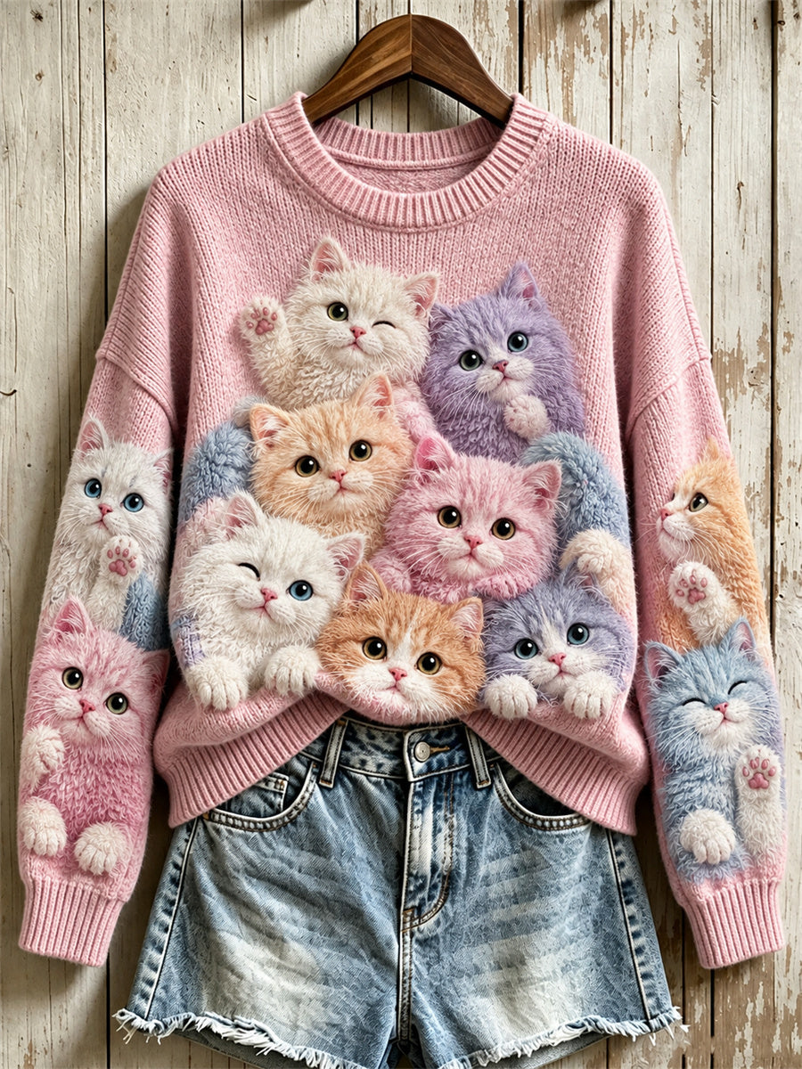 Women's Crowded Fuzzy Cats & Balls of Yarn Print crew neck sweater
