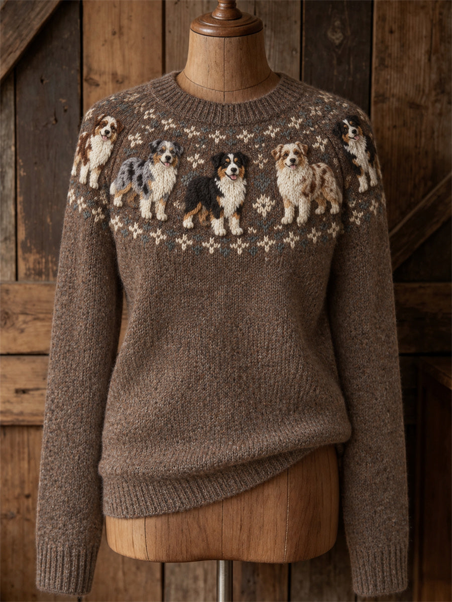 Women's Vintage Australian Shepherd Dogs Yoke Isle Print crew neck sweater
