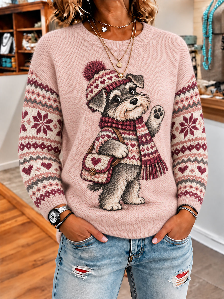 Women's Cute Winter Dog Print Casual Sweater