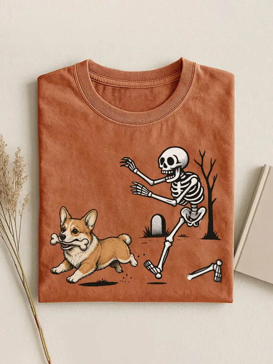 Women's Funny Halloween Dog And Skeleton Print Casual Tee