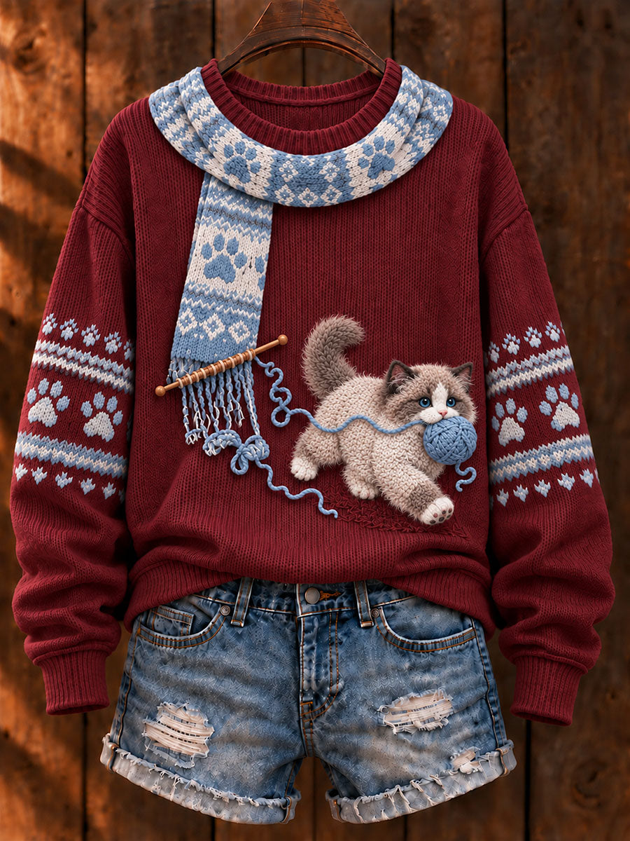 Women's "Mischievous Kitty" Ragdoll Cat Art Print Casual Sweater