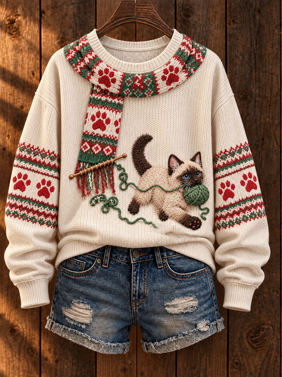 Women's "Mischievous Kitty" Siamese Cat Art Print Casual Sweater