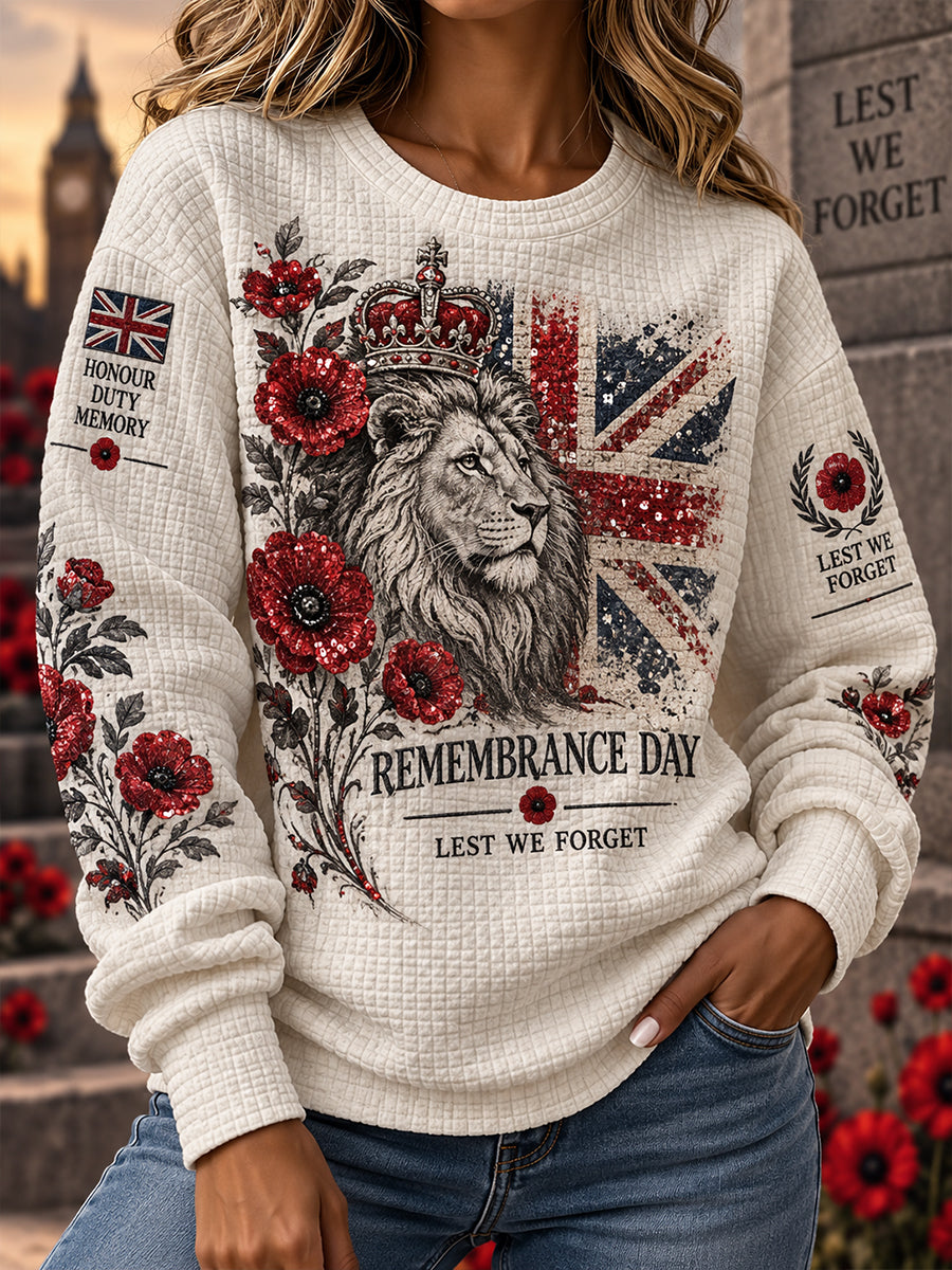 Women's Remembrance Day Veteran Commemoration Print Waffle-Knit Long-Sleeve Top