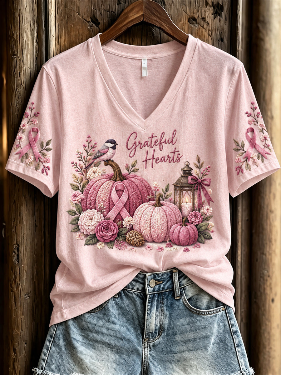 Women's Grateful Hearts Pink Pumpkin Floral Print short-sleeved T-shirt
