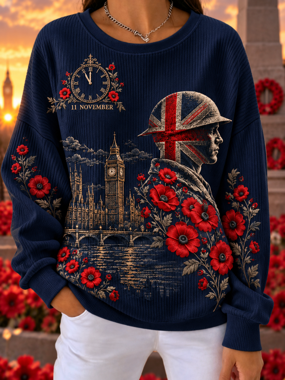 Women's Remembrance Day Lest We Forget Ribbed Round-Neck Sweatshirt