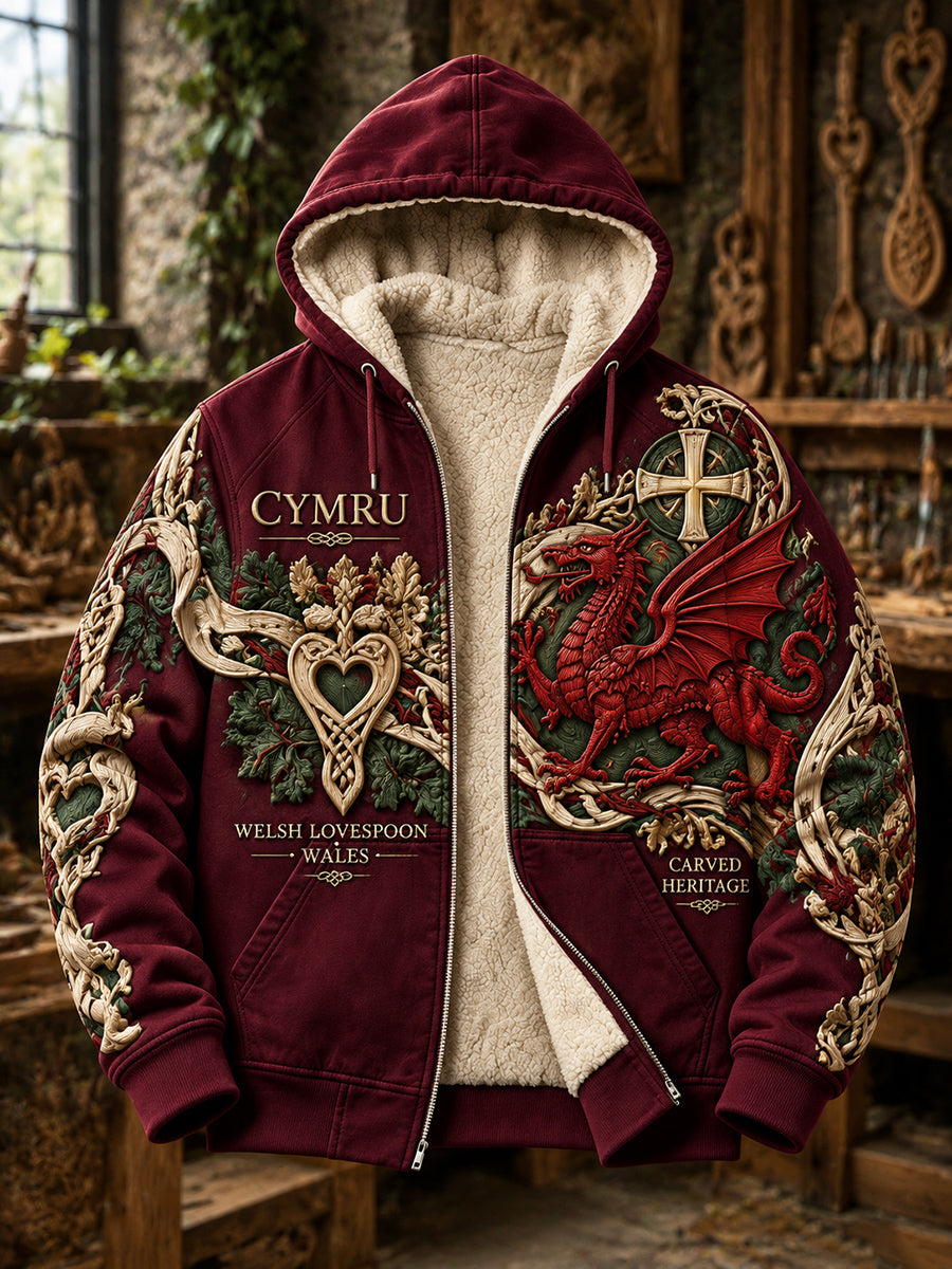 Men's Vintage British Wales Printed Shearling Hooded Coat