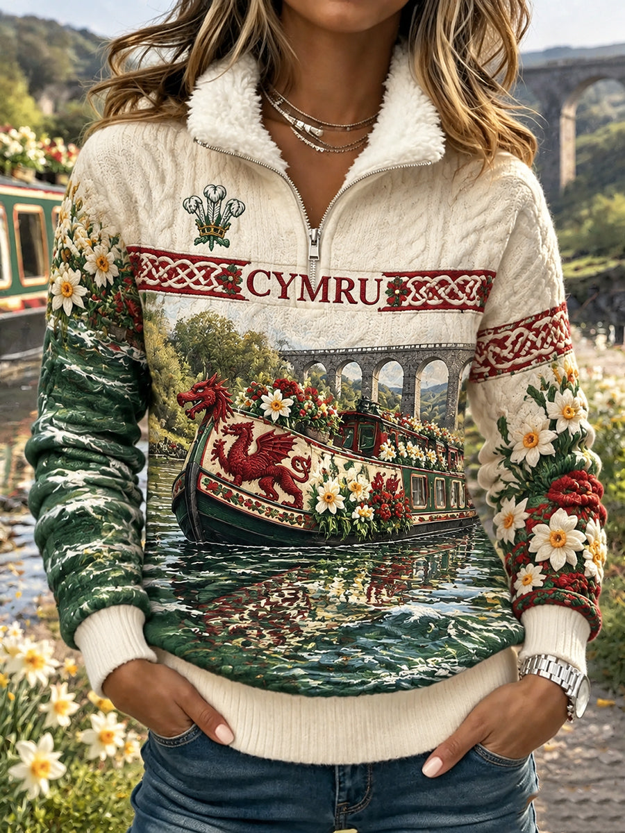 Women's Vintage British Wales Printed Fur-collar Sweatshirt