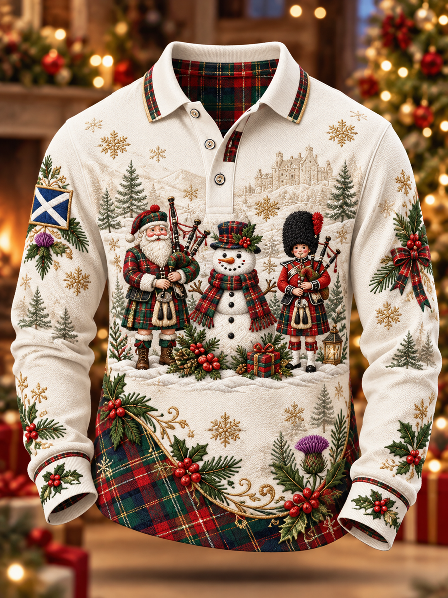 Men's Scottish Christmas Printed long sleeve polo