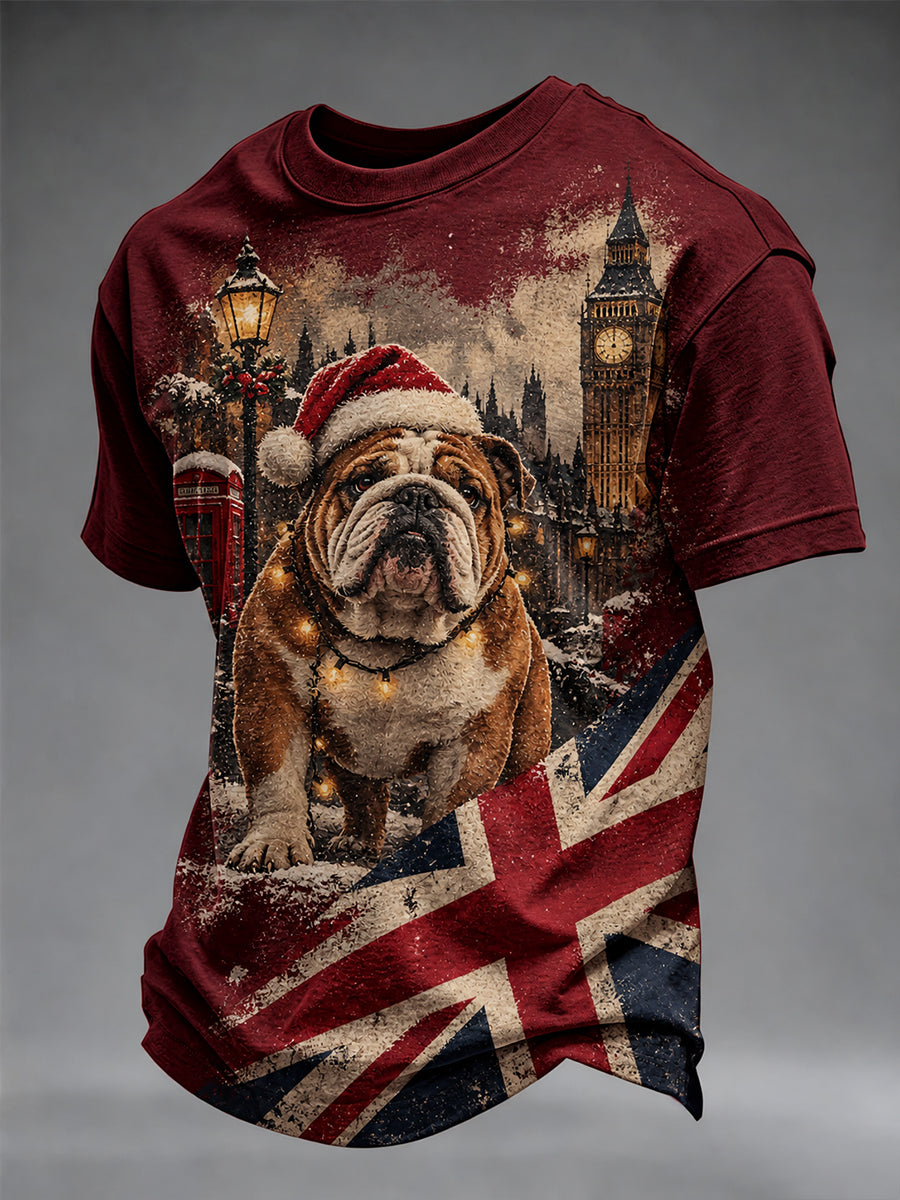 Men's British Christmas Bulldog Print T-shirt