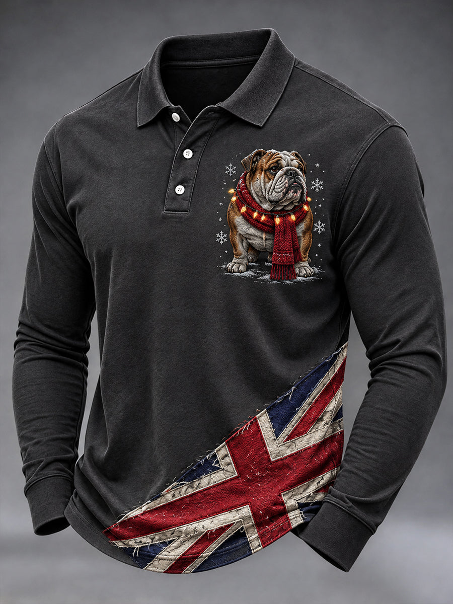 Men's British Christmas Bulldog Print Long Sleeve Shirt