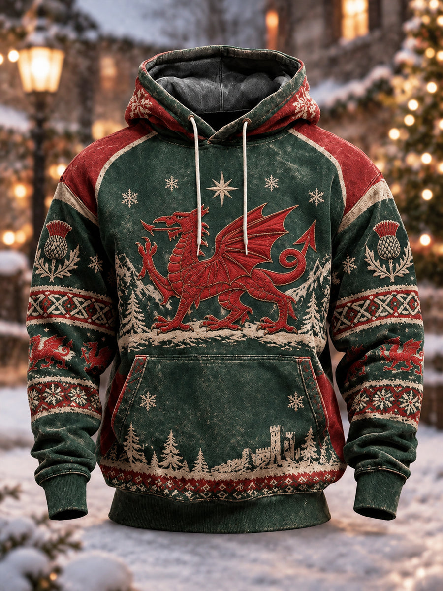 Men's Christmas Welsh Dragon Printed Oversized Drop-Shoulder Hoodie with Pockets