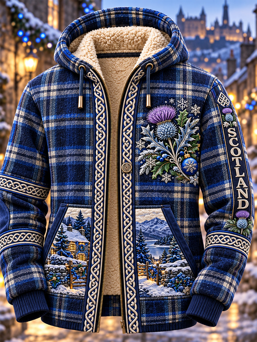 Men's Scottish Christmas Printed Shearling Hooded Coat