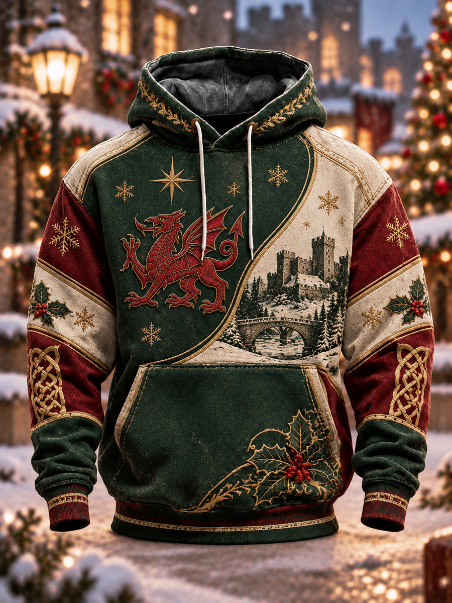 Men's Christmas Welsh Dragon Printed Oversized Drop-Shoulder Hoodie with Pockets
