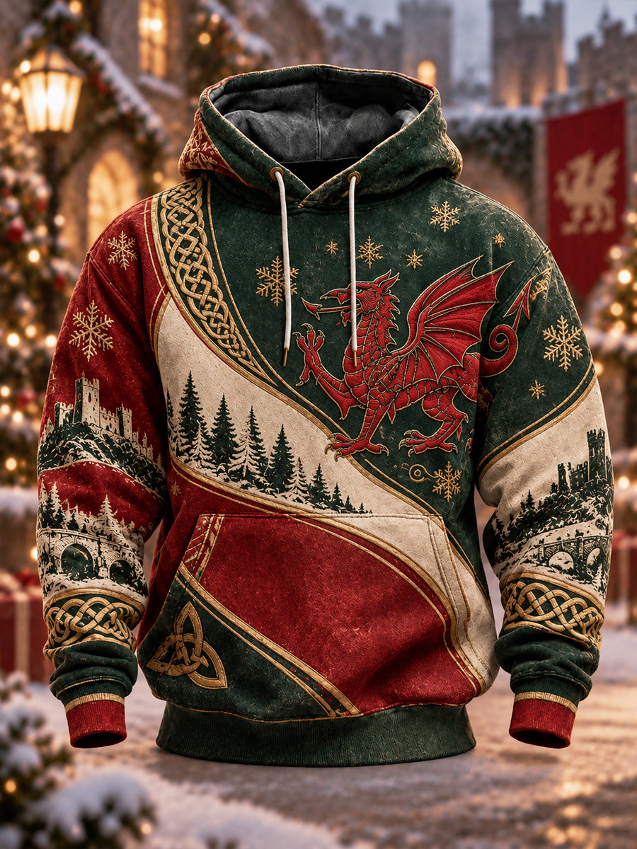 Men's Christmas Welsh Dragon Printed Oversized Drop-Shoulder Hoodie with Pockets