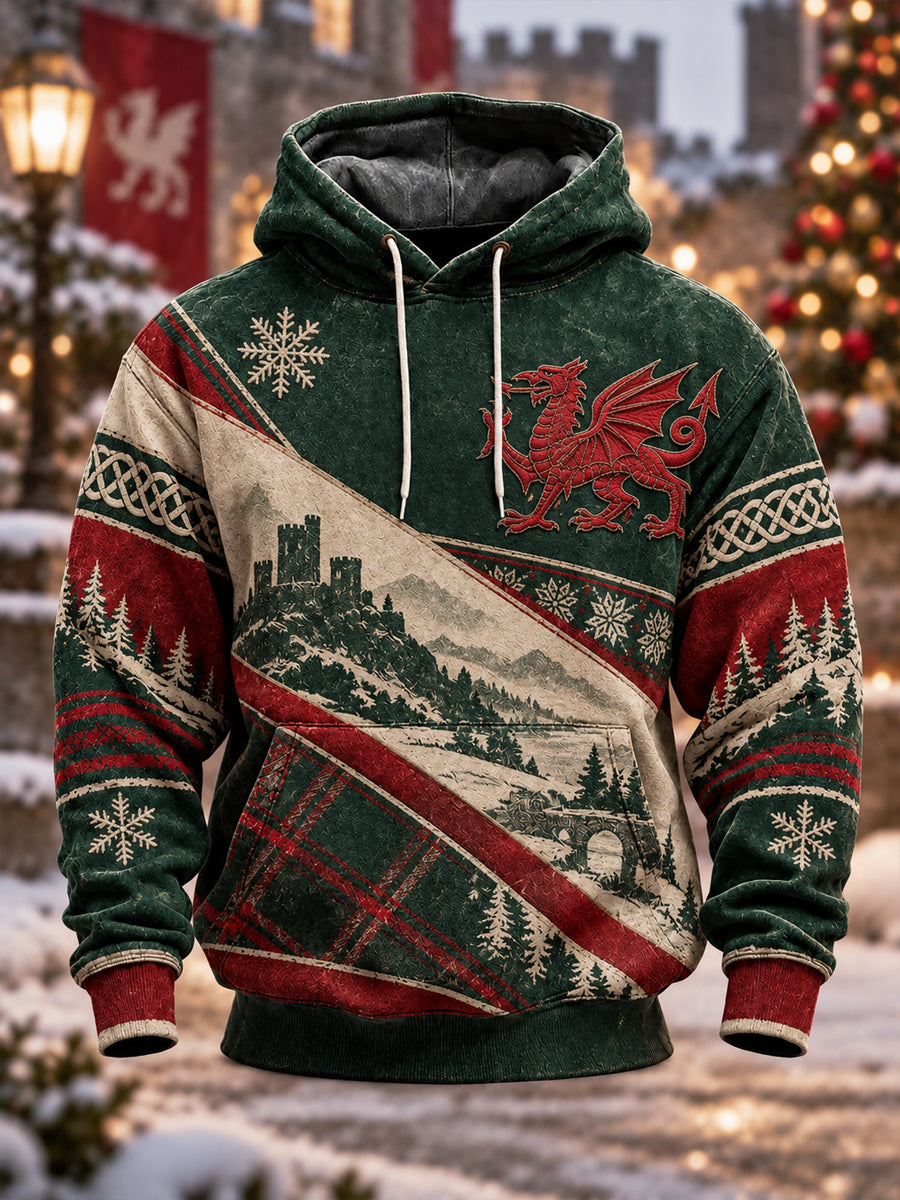 Men's Christmas Welsh Dragon Printed Oversized Drop-Shoulder Hoodie with Pockets