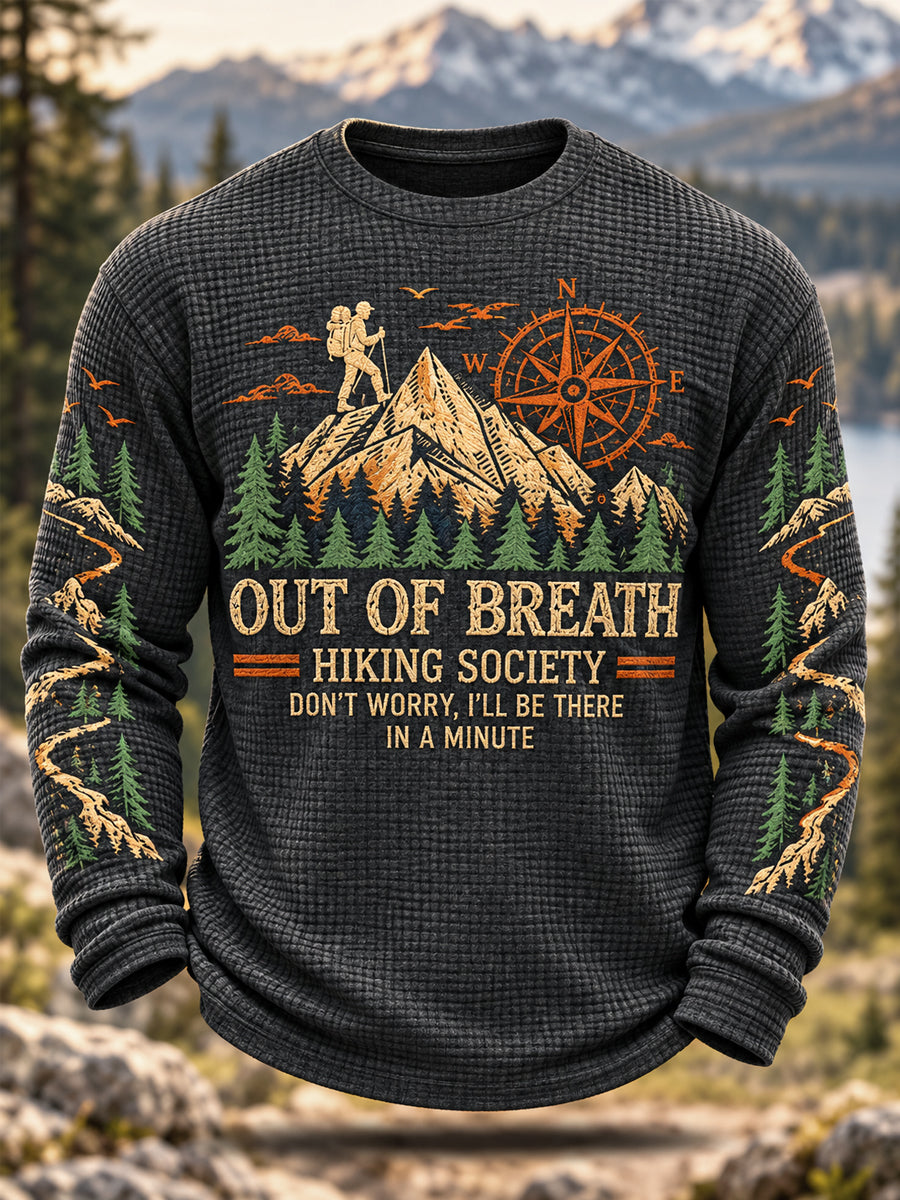 Men's Funny Out Of Breath Hiking Society Print Hike Lovers Casual Waffle Long Sleeve T-Shirt