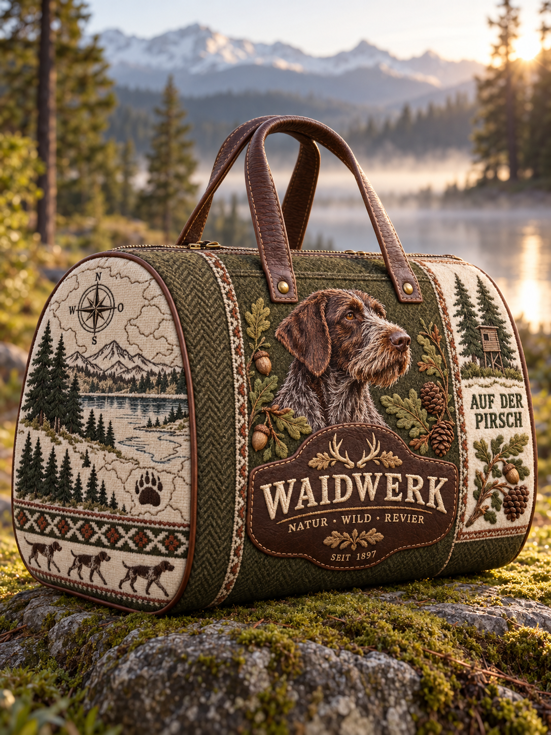 Hunting Season Stag and Hound Print Olive Green Field Bag