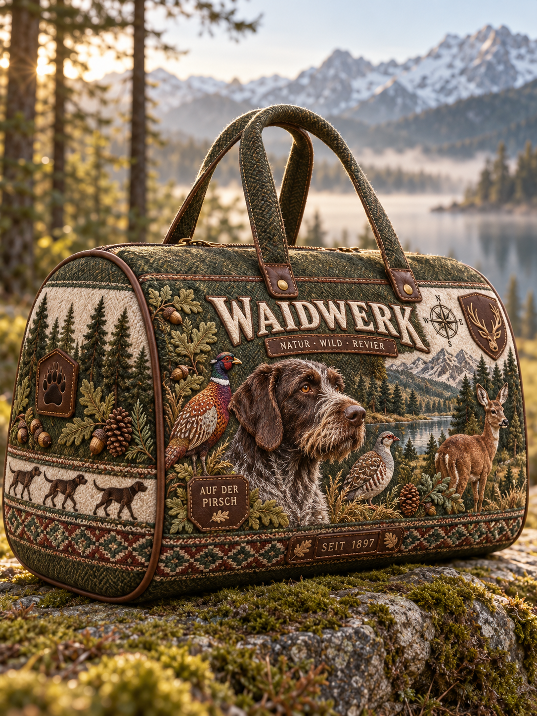 Hunting Season Stag and Hound Print Olive Green Field Bag