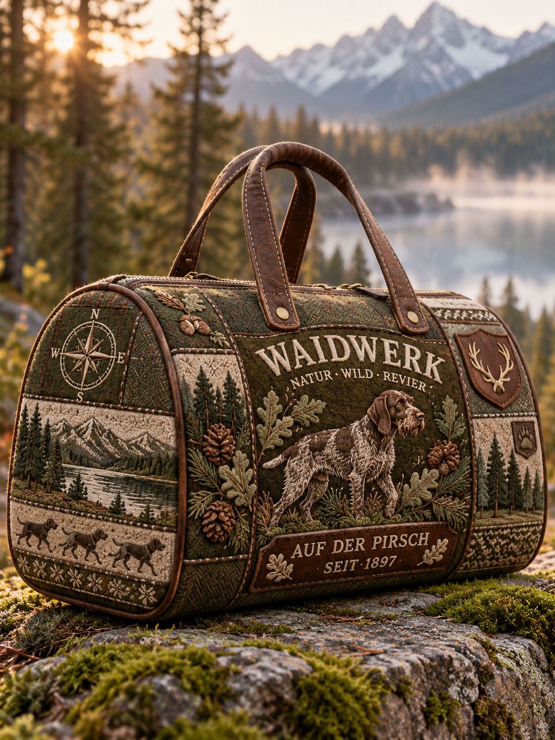 Hunting Season Stag and Hound Print Olive Green Field Bag