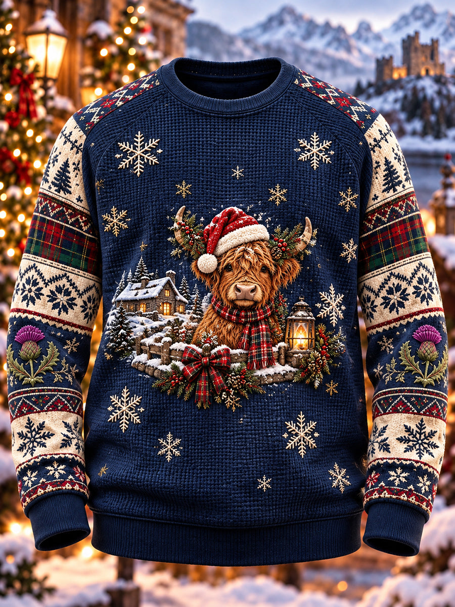 Men's Retro Scottish Christmas Printed Waffle Sweatshirt