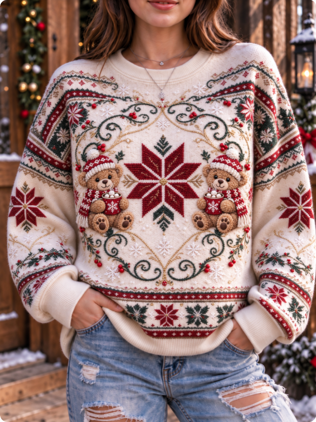 Women's Teddy Bear Plaid Snowflake Christmas Art Print Casual Sweatshirt