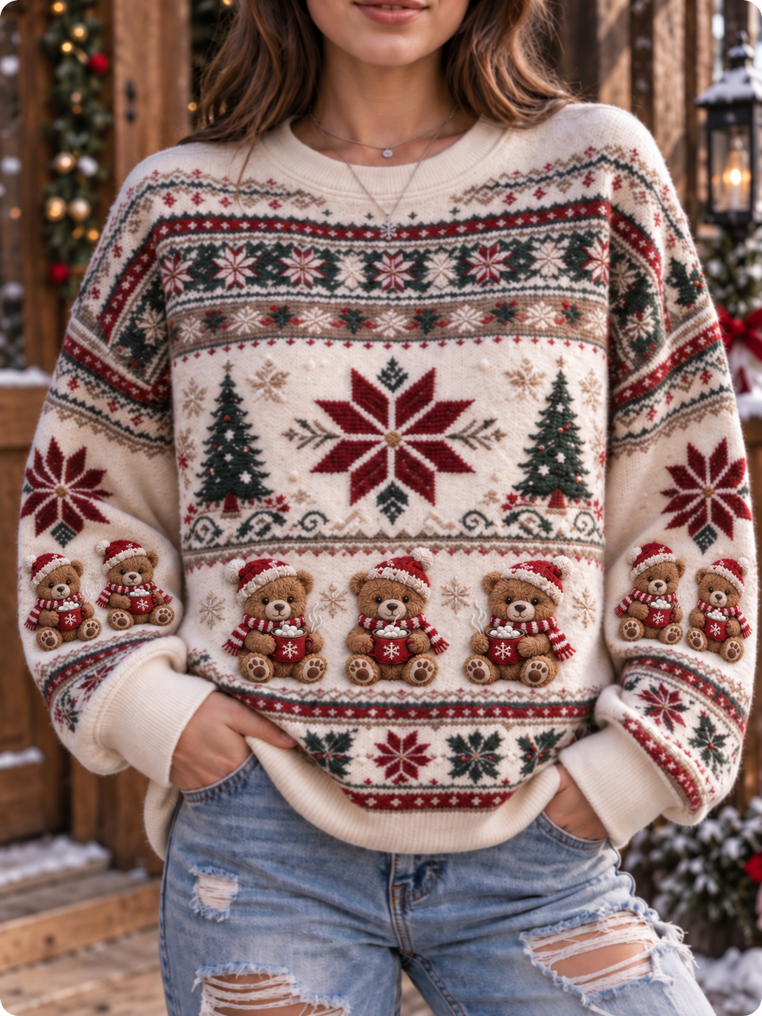 Women's Teddy Bear Plaid Snowflake Christmas Art Print Casual Sweatshirt