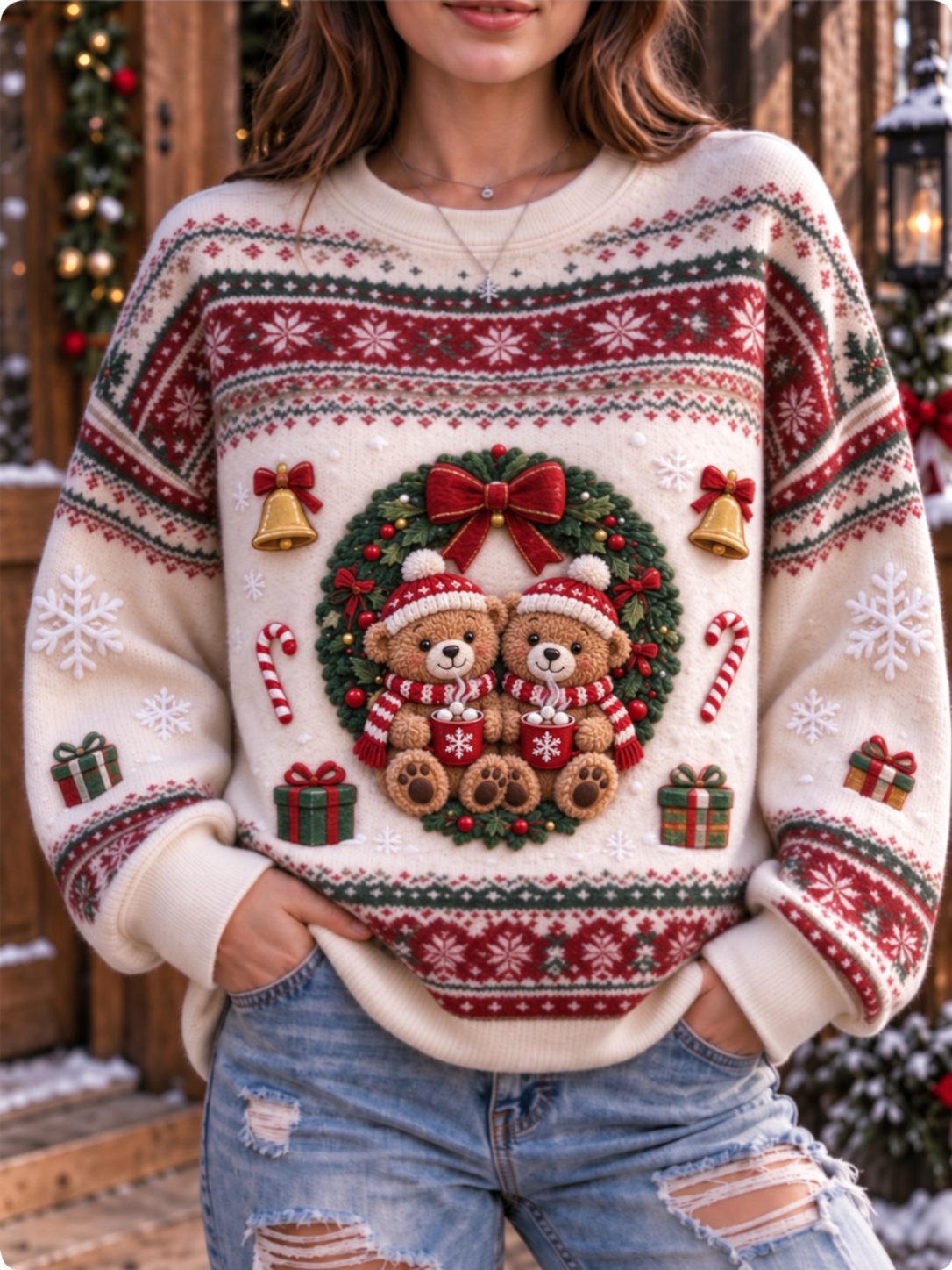 Women's Teddy Bear Plaid Snowflake Christmas Art Print Casual Sweatshirt
