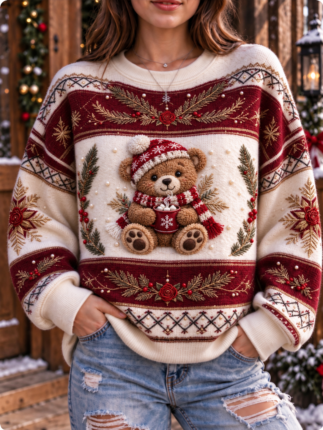 Women's Teddy Bear Plaid Snowflake Christmas Art Print Casual Sweatshirt