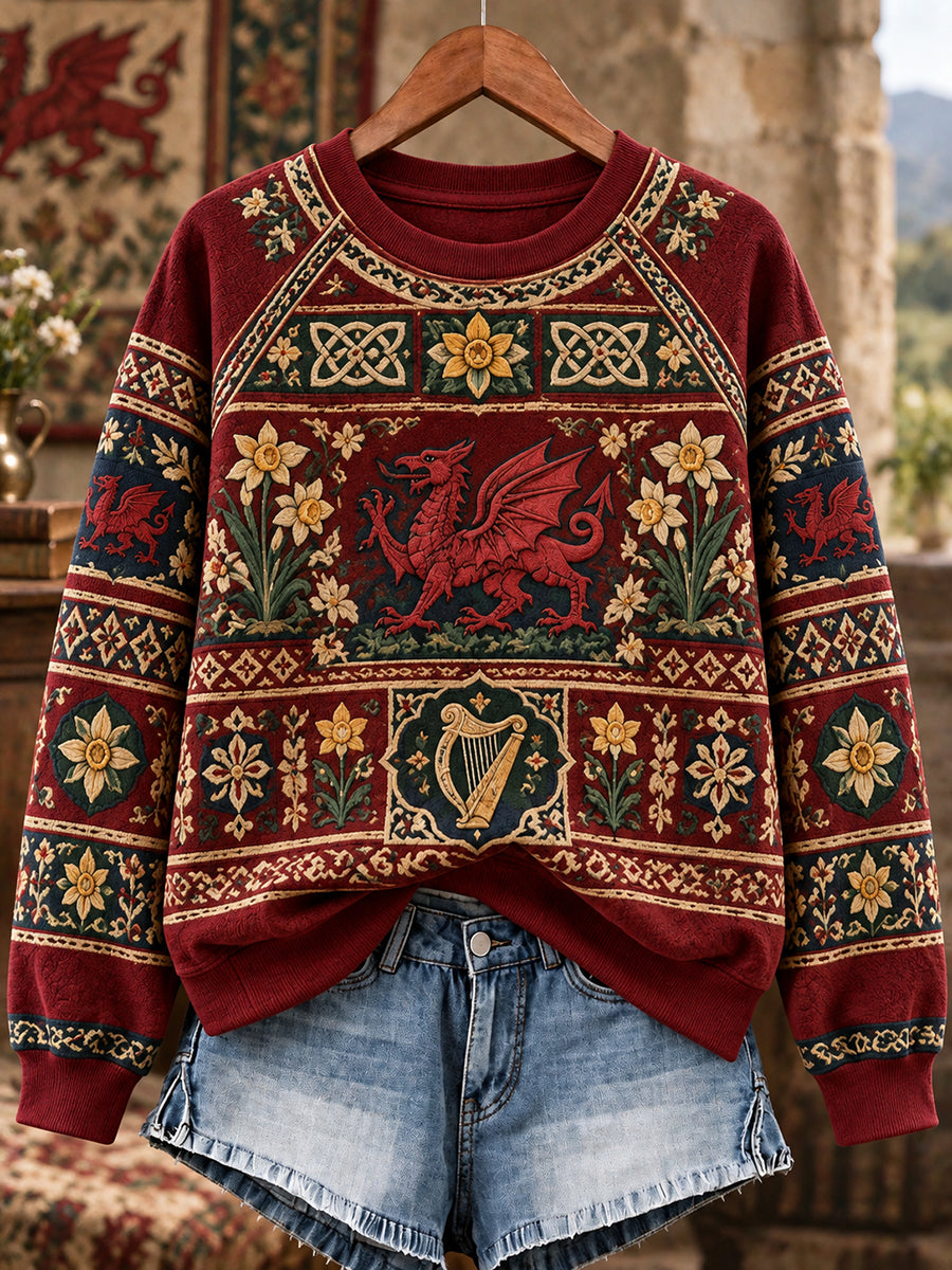 Women's Retro British Wales Printed Raglan Sweatshirt