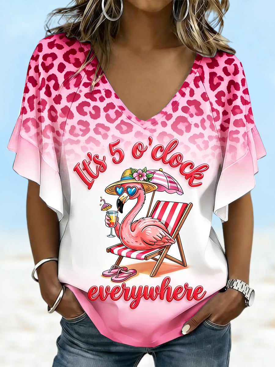 Women's Pink Leopard-Print Holiday-Style Fashion V-Neck T-Shirt