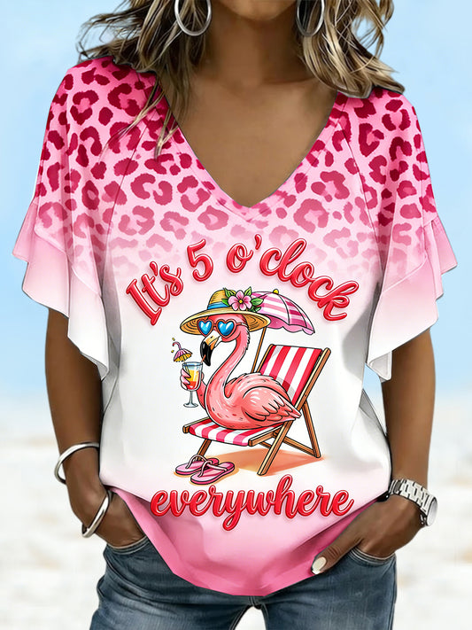 Women's Pink Leopard-Print Holiday-Style Fashion V-Neck T-Shirt