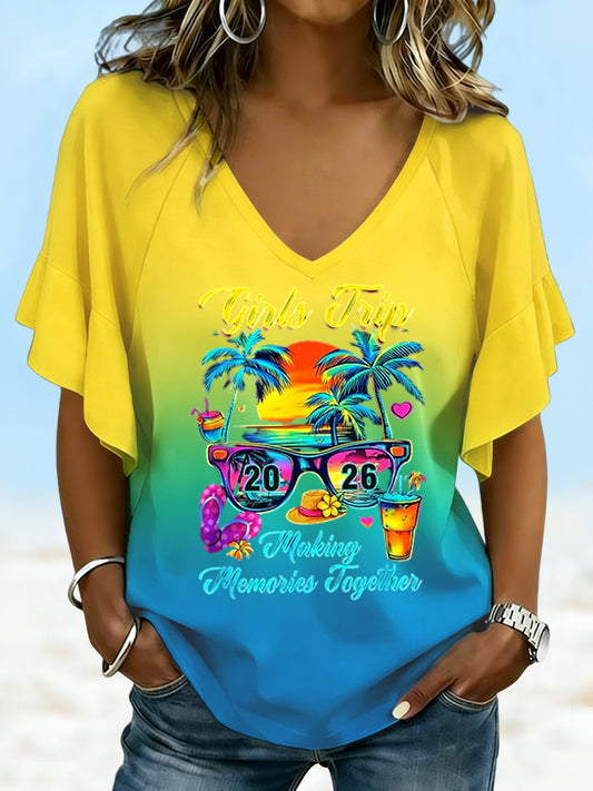 Girls Trip Hawaii Gradient Casual V-Neck T-Shirt