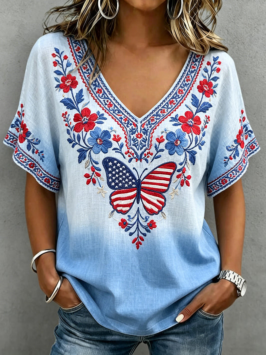 Women's Independence Day Printed V-neck Ruffle Sleeve T-shirt