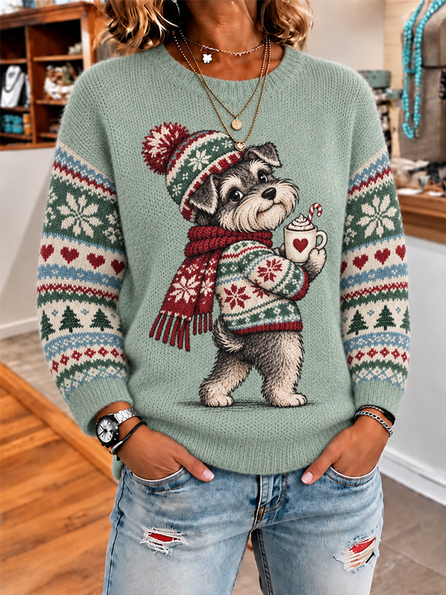 Women's Cute Winter Dog Print Casual Sweater