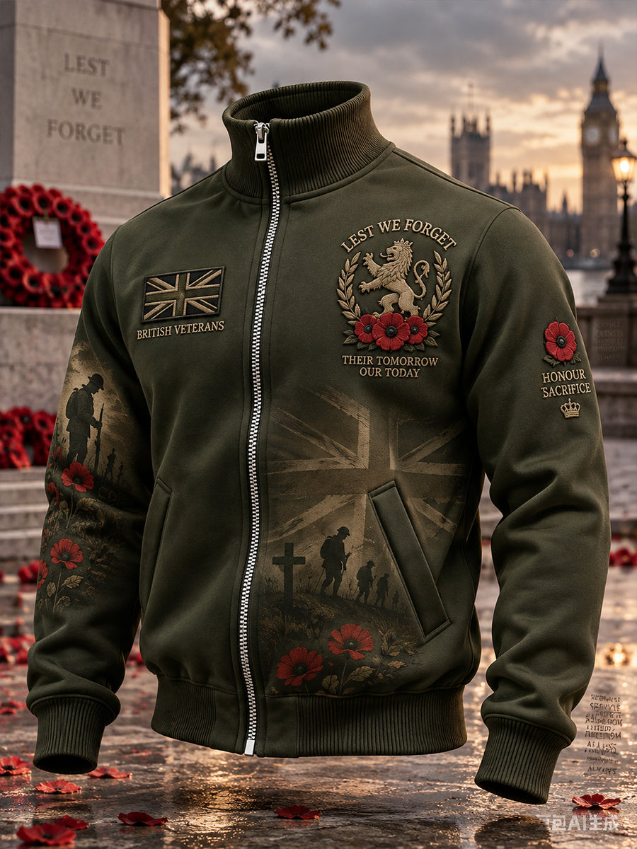 Men's High-Neck Zip-Up Jacket With Remembrance Day Veteran-Themed Print
