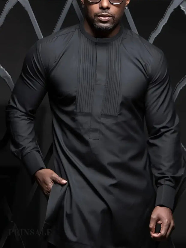 2024 New Autumn Dashiki Men’s Suit Long Sleeve Top Chest Pleats Hidden Buckle Round Neck Split