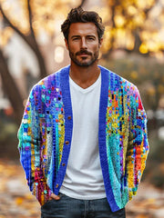 Gentleman's Vintage Multicolor Abstract Gradient Art Printed Knit Crew Neck Pullover