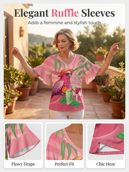 Women's It‘s 5 O'clock Everywhere Parrot Print Casual Ruffle Sleeve Tee