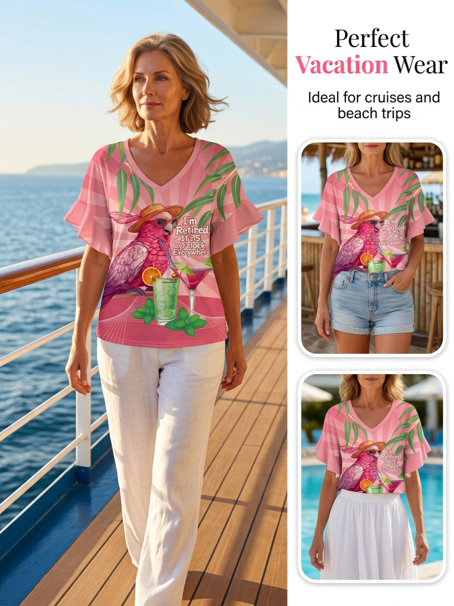 Women's It‘s 5 O'clock Everywhere Parrot Print Casual Ruffle Sleeve Tee