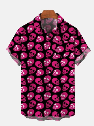 Black Pink Cartoon Skull Pattern Printing Breast Pocket Short Sleeve Shirt