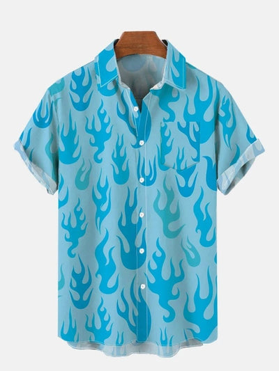 Blue Fire Flame Pattern Printing Breast Pocket Short Sleeve Shirt