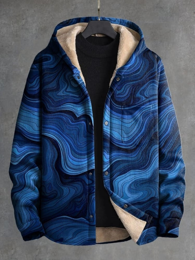 Blue Texture Print Waffle Plush Thick Long-Sleeved Hooded Coat