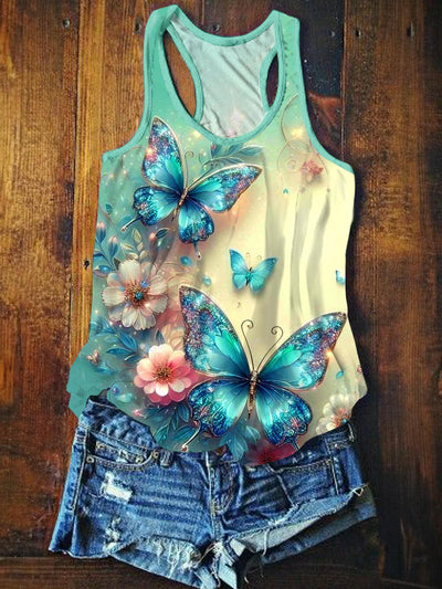 Butterfly Flower Women's Crew Neck All Over Printed Tank Top