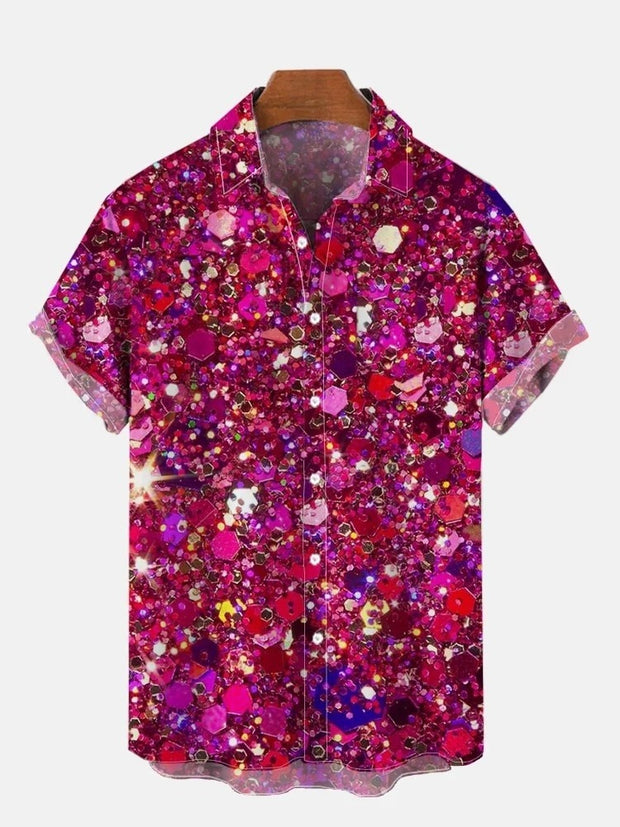 Carnival Fashion Pink Glitter Pattern Printing Breast Pocket Short Sleeve Shirt