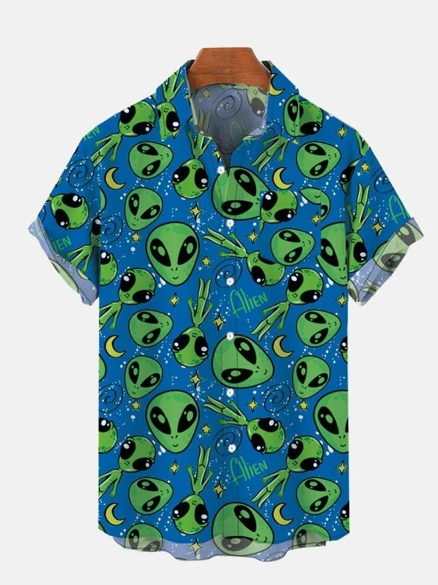 Cartoon Blue And Green Cartoon Alien Pattern Printing Breast Pocket Short Sleeve Shirt