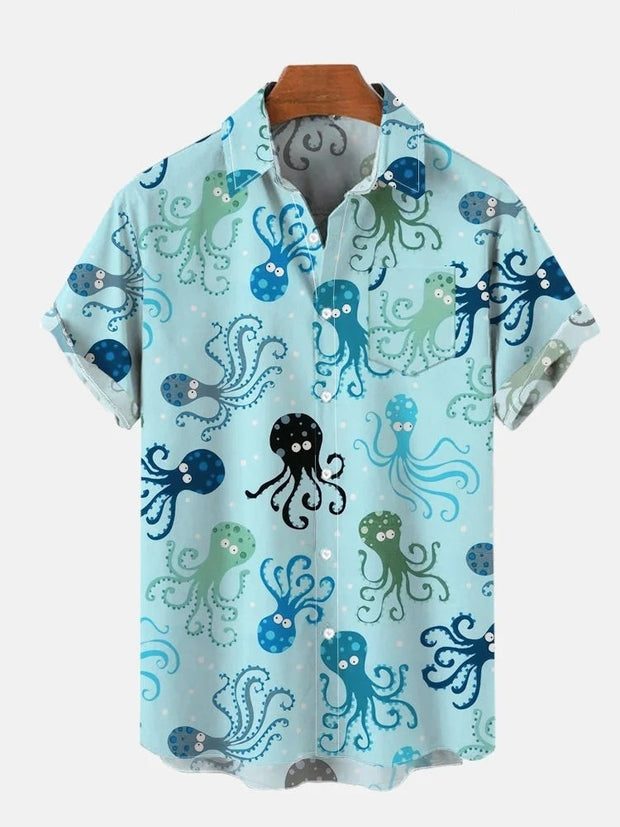 Colorful Octopus Printing Breast Pocket Short Sleeve Shirt